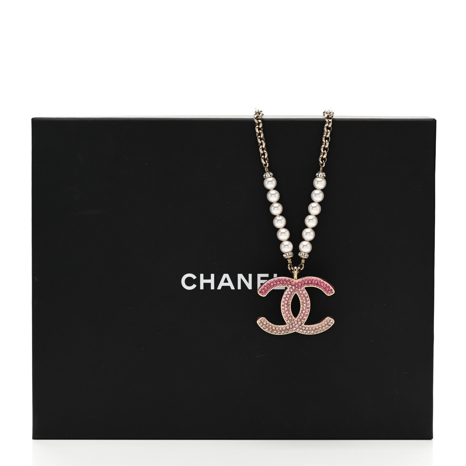 Chanel Pearl Crystal Resin CC Reversible Necklace Pink Gold White 7 of 7