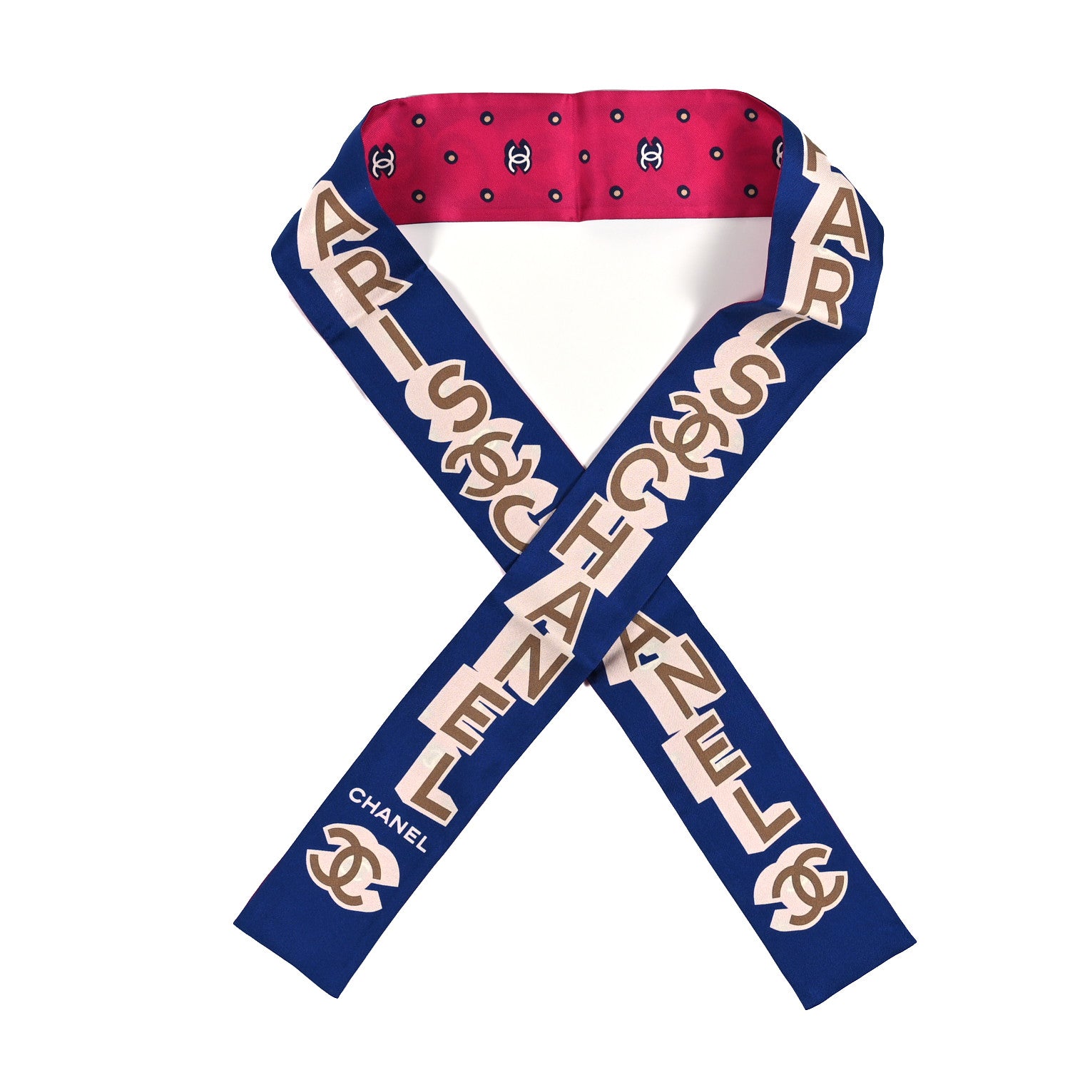 Chanel Silk Twill Slim Logo Bandeau Scarf Navy Pink 1 of 3