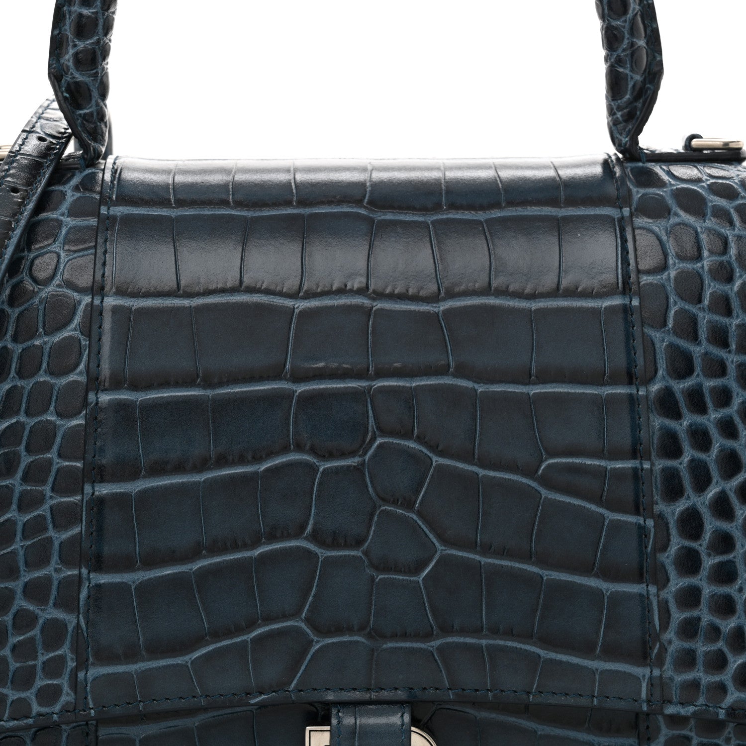 Balenciaga Shiny Calfskin Crocodile Embossed Medium Hourglass Top Handle Bag Denim Blue 8 of 12