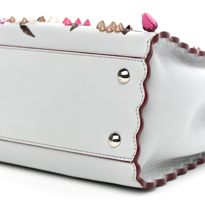 Fendi Vitello Seta Shiny Nappa Pearl Scalloped Studded Floral Embroidered Medium Peekaboo Iconic Satchel Grigio Perla Multicolor 9 of 9