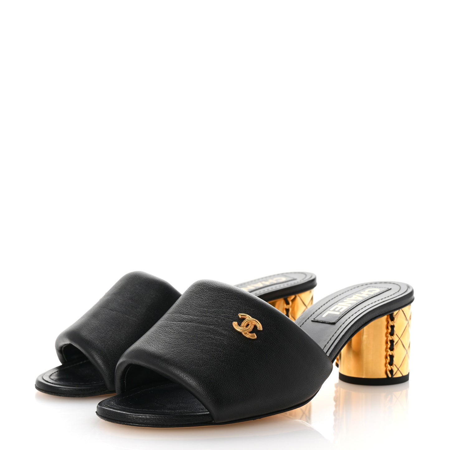 Lambskin Chain CC Mules 37.5 Black Gold