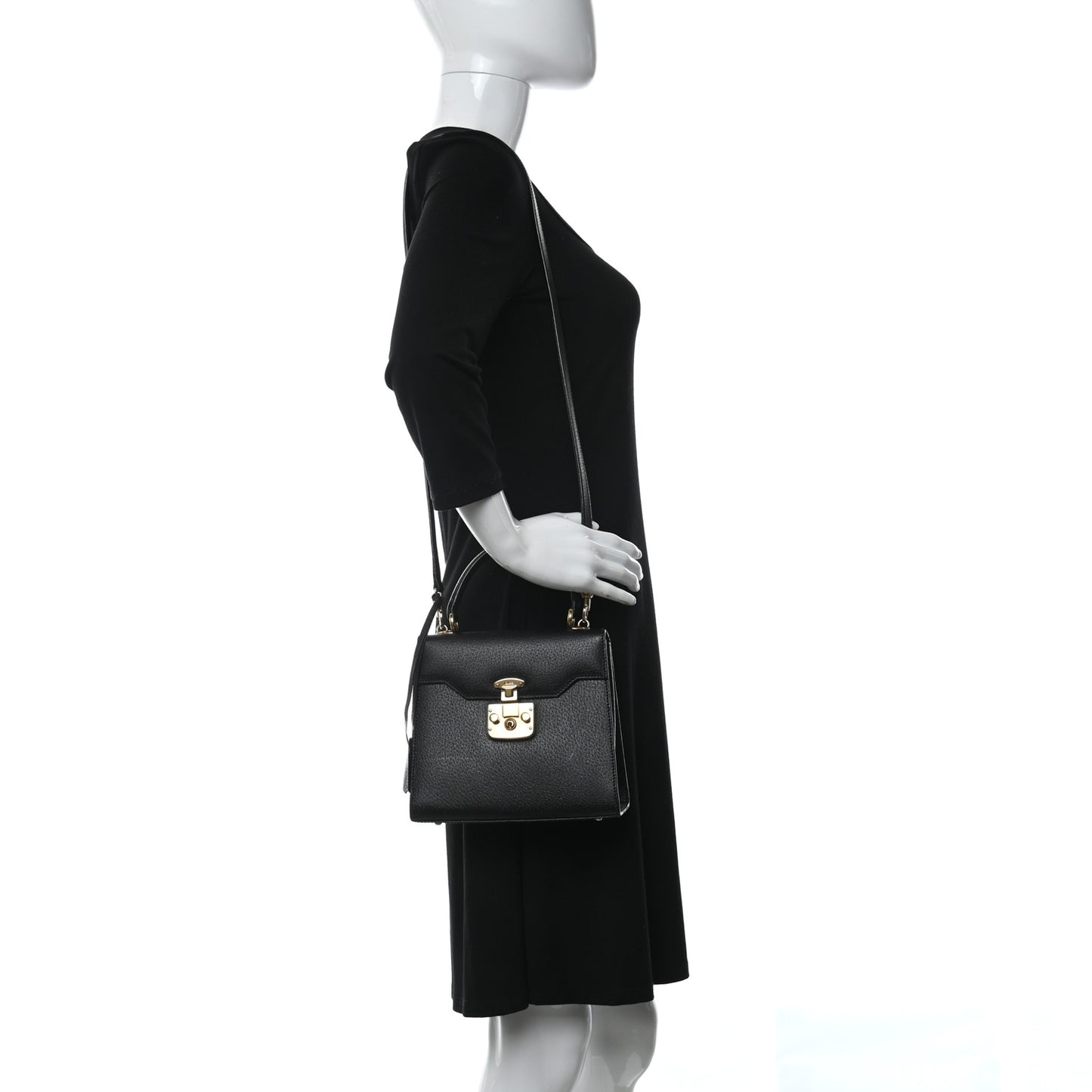 Textured Calfskin Lady Lock Top Handle Frame Bag Black
