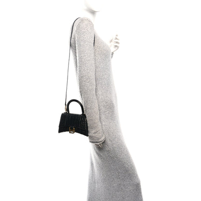 Balenciaga Shiny Calfskin Crocodile Embossed Hourglass Top Handle Bag XS Black 2 of 11