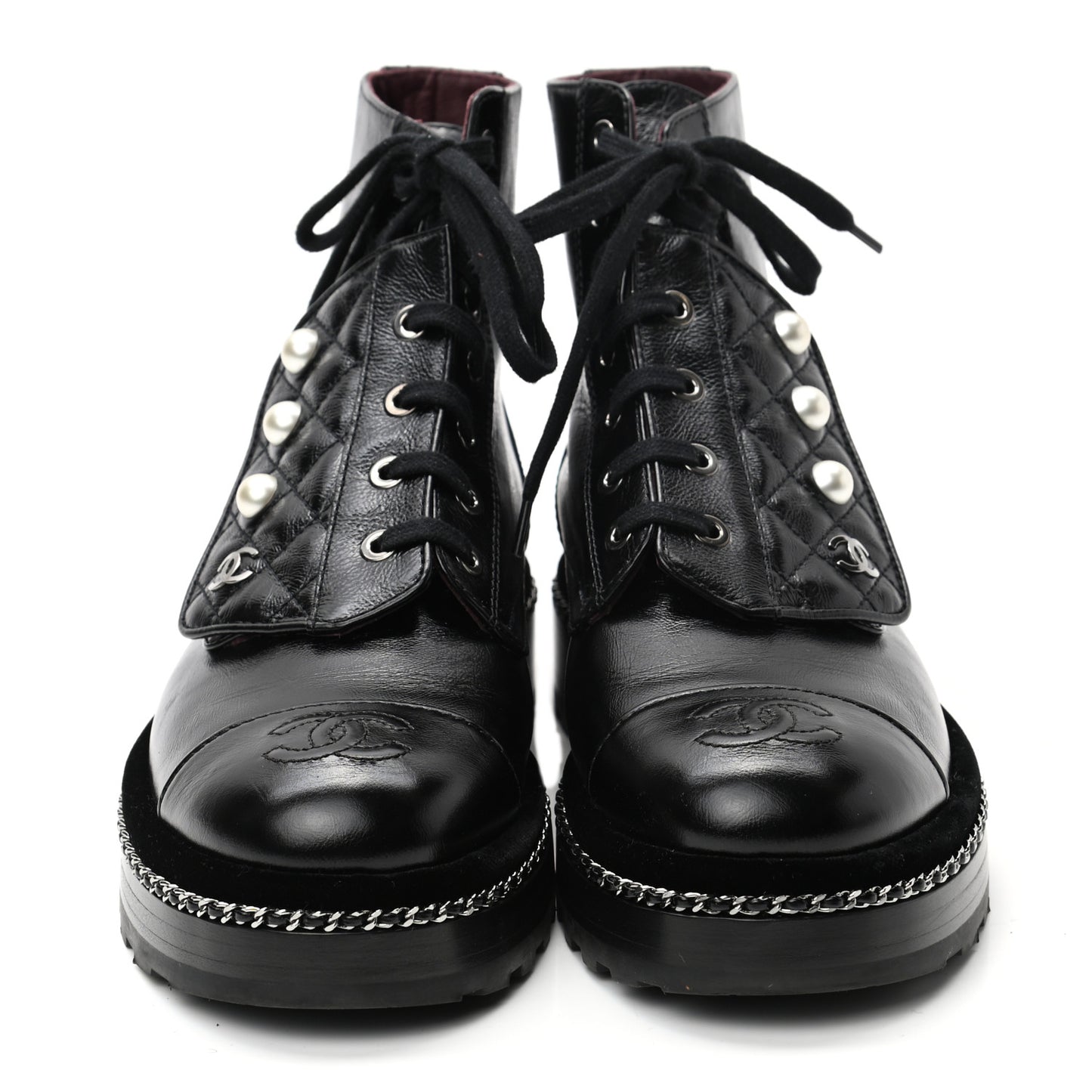 Crackled Calfskin Velvet Pearl Combat Short Boots 37.5 Black
