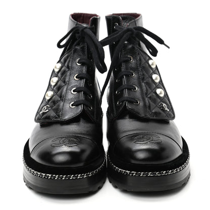 Chanel Crackled Calfskin Velvet Pearl Combat Short Boots 37.5 Black 2 of 8
