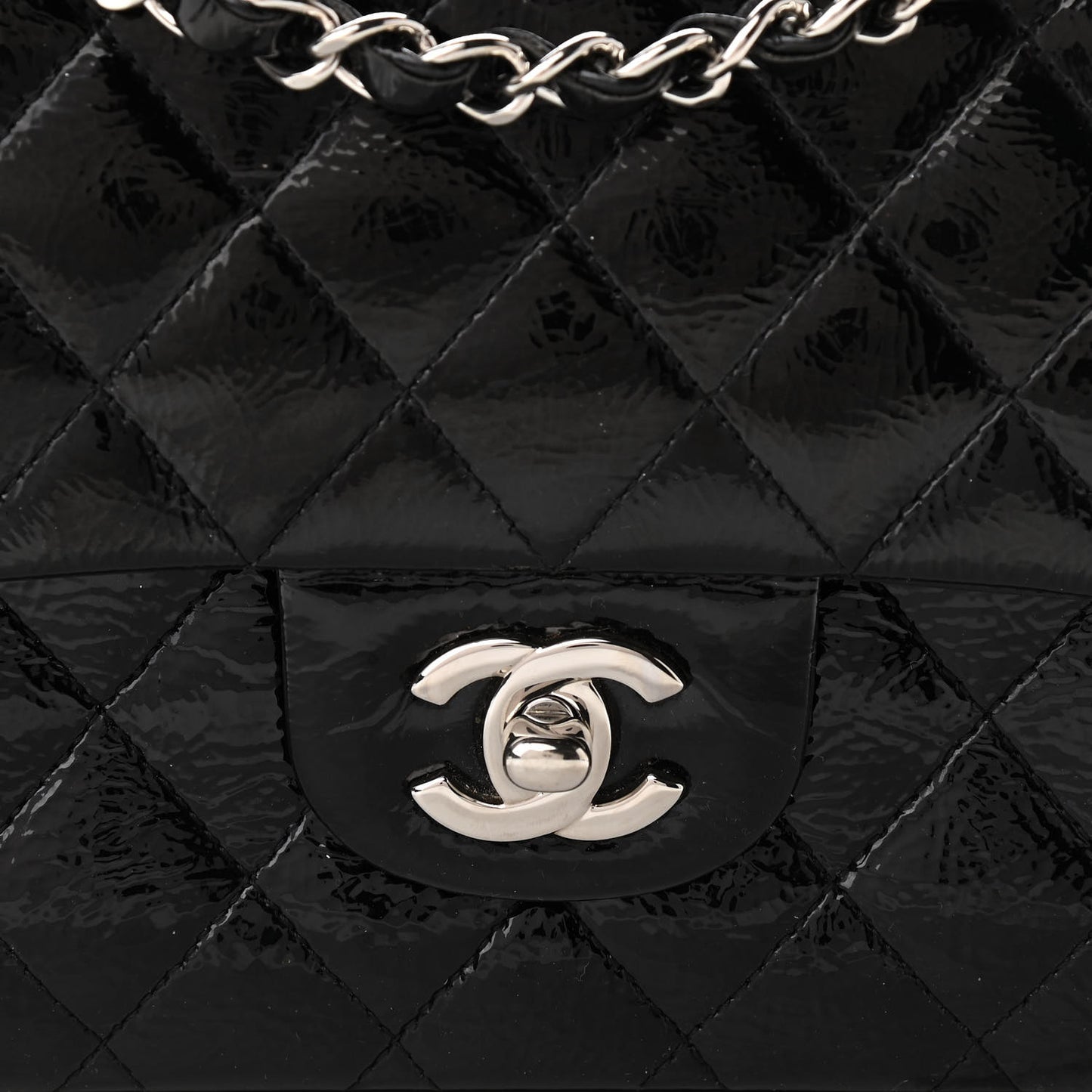 Distressed Patent Quilted Medium Double Flap Black