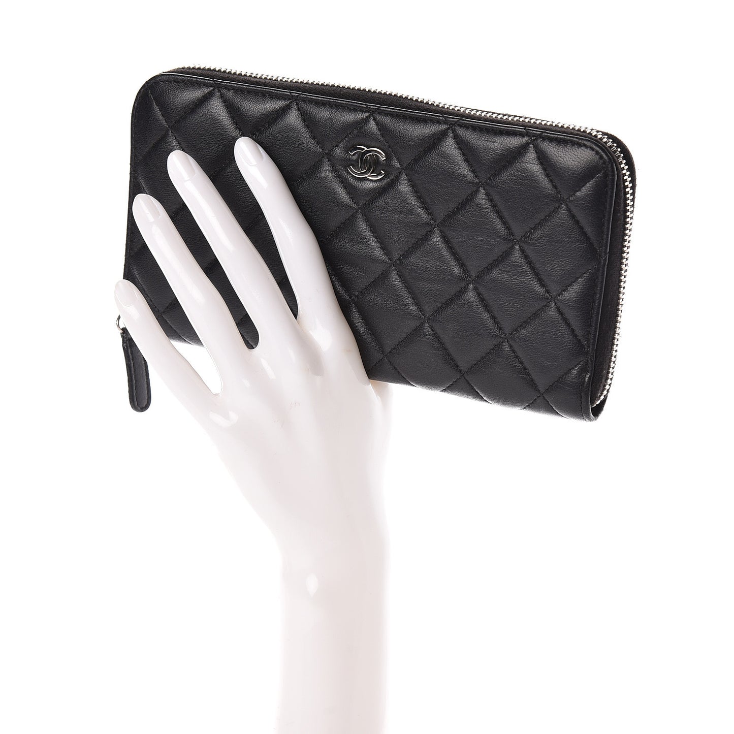 Lambskin Quilted Large Gusset Zip Around Wallet Black