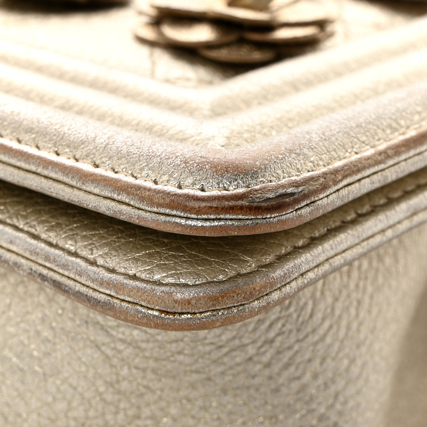 Metallic Calfskin Quilted Camellia Small Boy Flap Gold