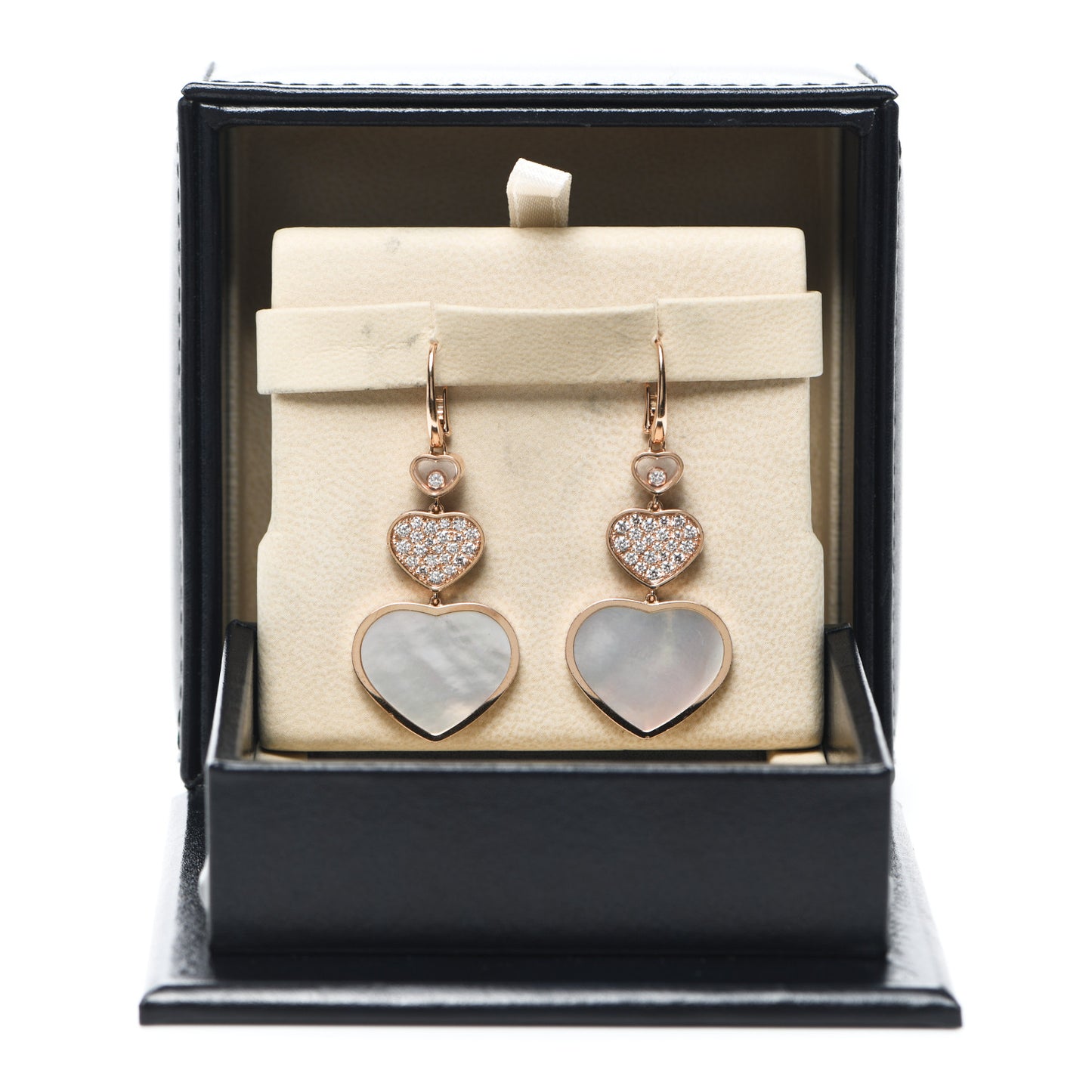 18K Rose Gold Diamond Mother of Pearl Happy Hearts Drop Earrings