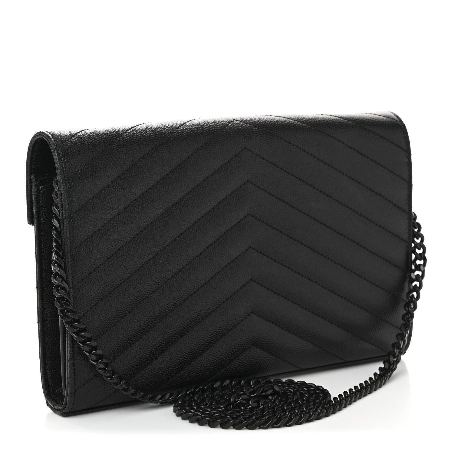 Saint Laurent Grain De Poudre Matelasse Chevron Monogram Monochrome Chain Wallet Black 3 of 11