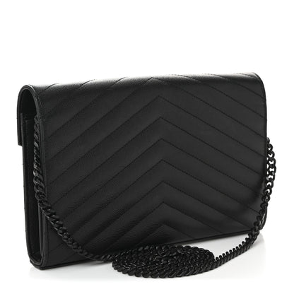 Saint Laurent Grain De Poudre Matelasse Chevron Monogram Monochrome Chain Wallet Black 3 of 11