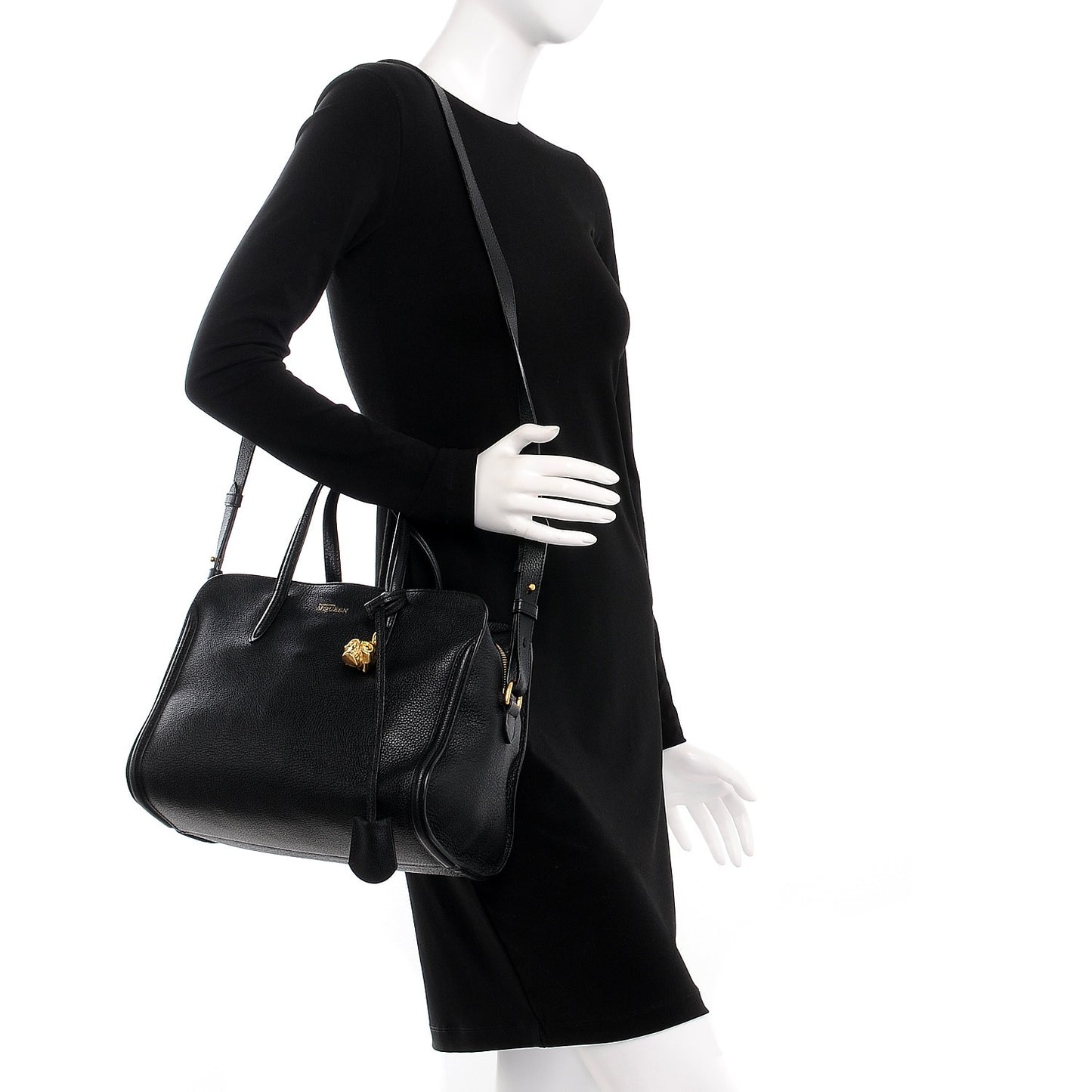 Pebbled Calfskin Small Skull Padlock Zip Around Tote Black