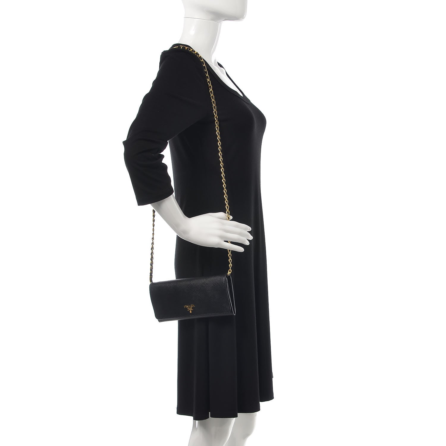 Prada Saffiano Metal Oro Chain Wallet Black 2 of 9