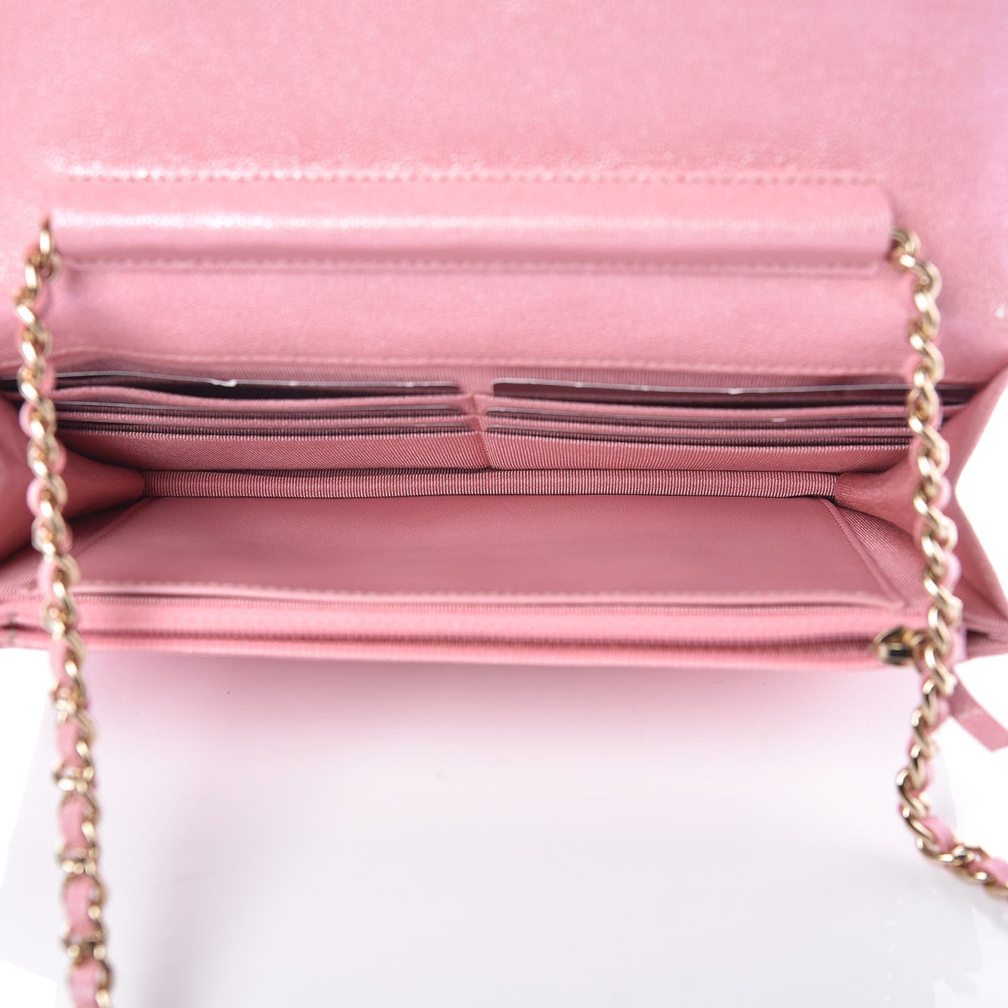 Iridescent Caviar Quilted Wallet on Chain WOC Rose Pink