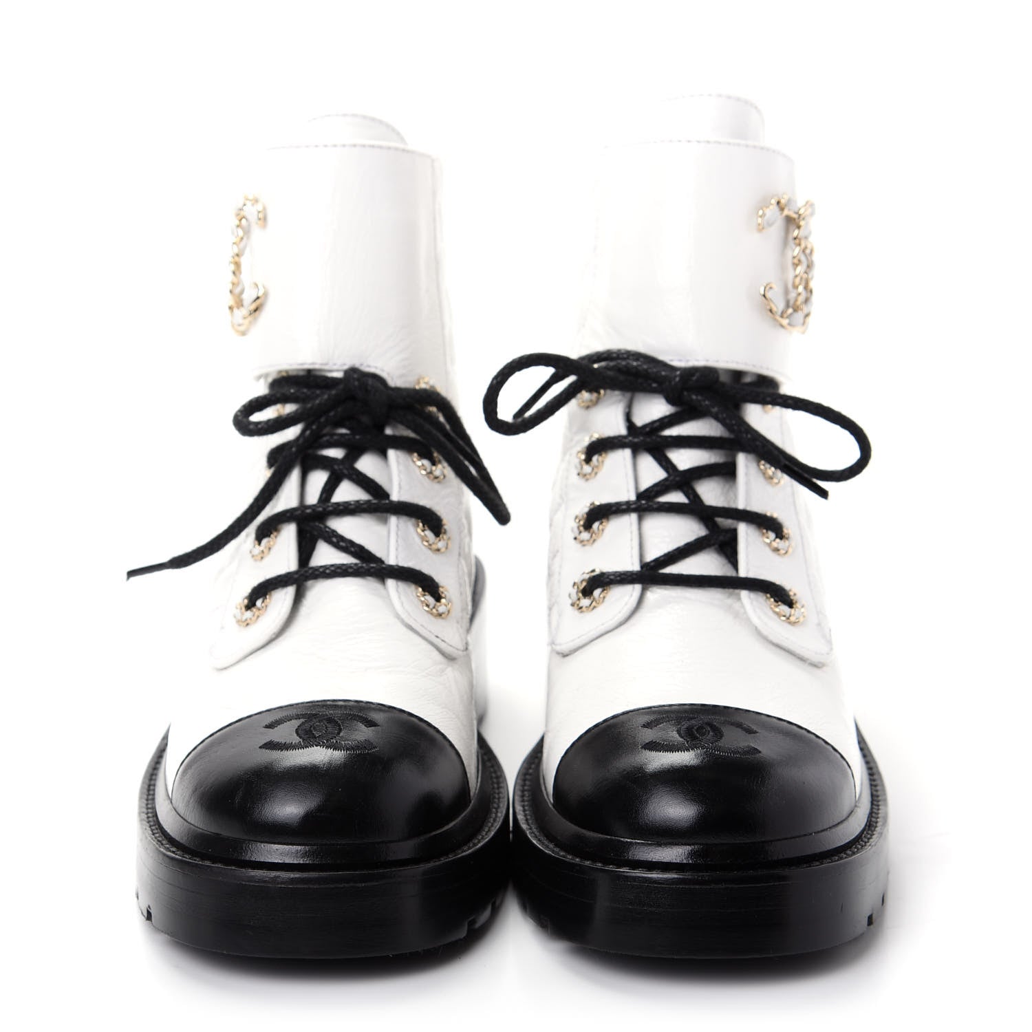 Chanel Shiny Goatskin Calfskin Quilted Lace Up Combat Boots 38.5 White Black 2 of 10