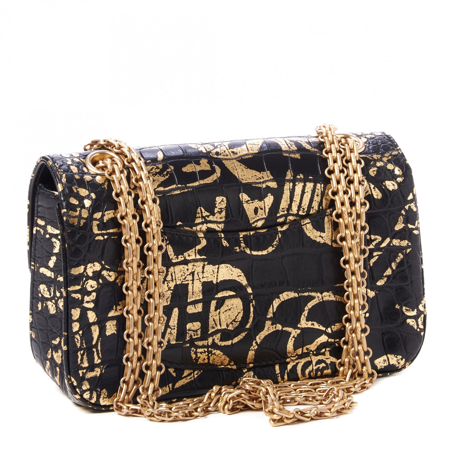 Calfskin Crocodile Embossed Graffiti 2.55 Mini Cocodile Reissue Flap Black Gold