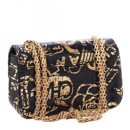 Chanel Calfskin Crocodile Embossed Graffiti 2.55 Mini Cocodile Reissue Flap Black Gold 3 of 11