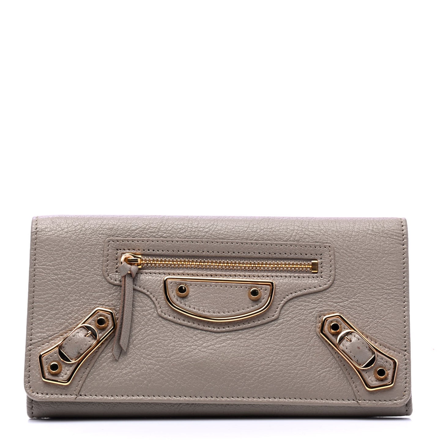 Chevre Gold Metallic Edge Hardware Zip Around Wallet Gris Taupe