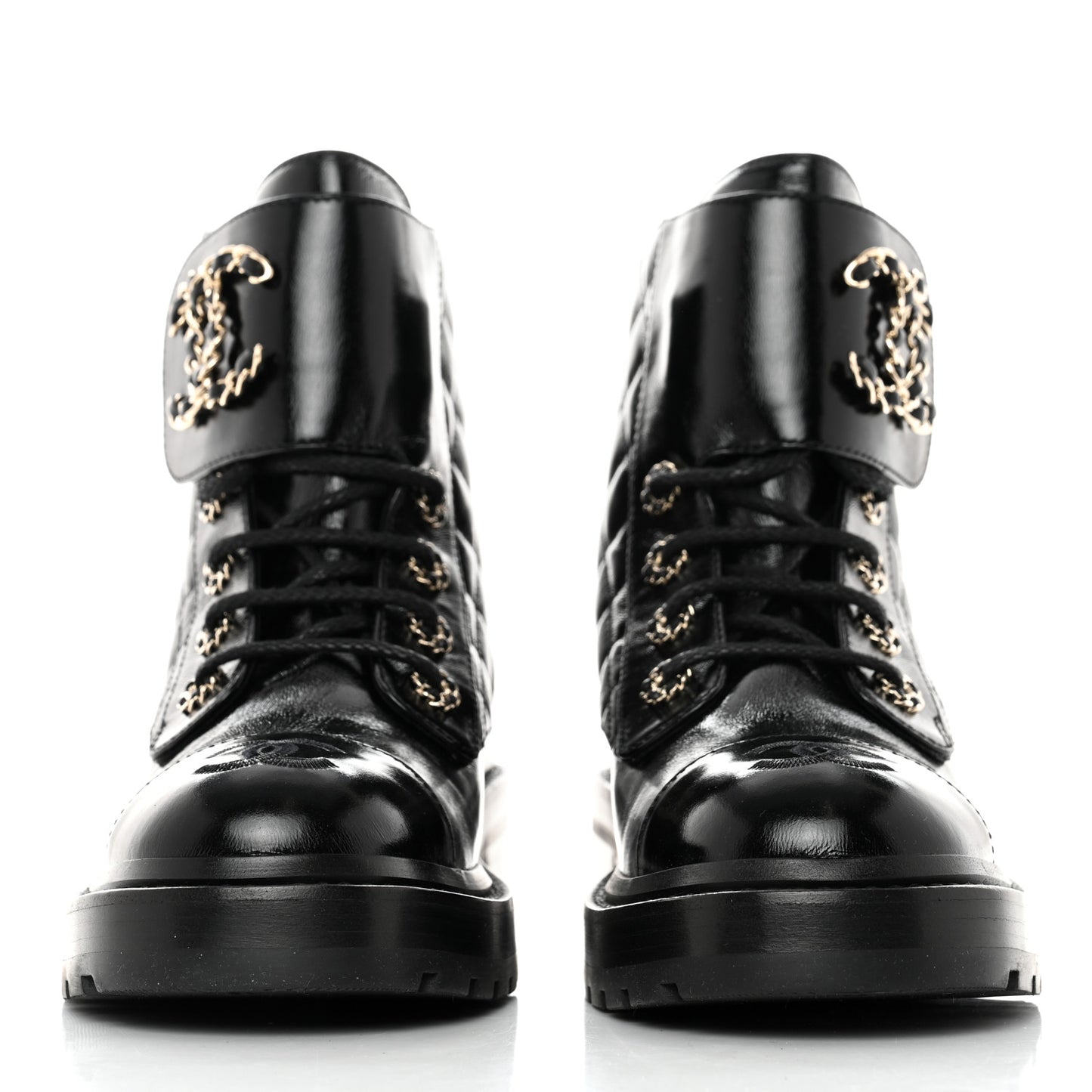 Shiny Calfskin Quilted Lace Up Combat Boots 36 Black