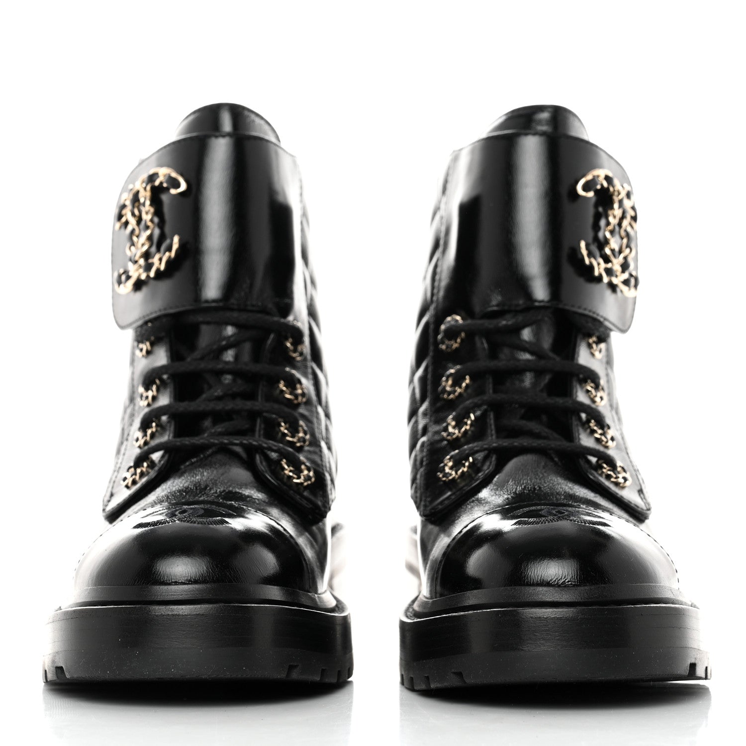 Chanel Shiny Calfskin Quilted Lace Up Combat Boots 36 Black 2 of 9