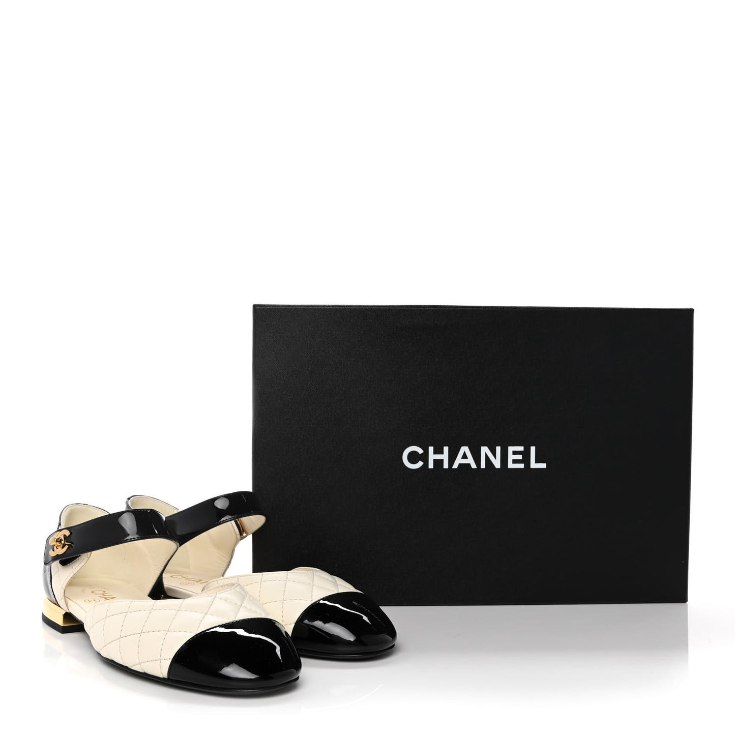 Patent Lambskin Quilted Cap Toe Ballerina Flats 36 Ivory Black