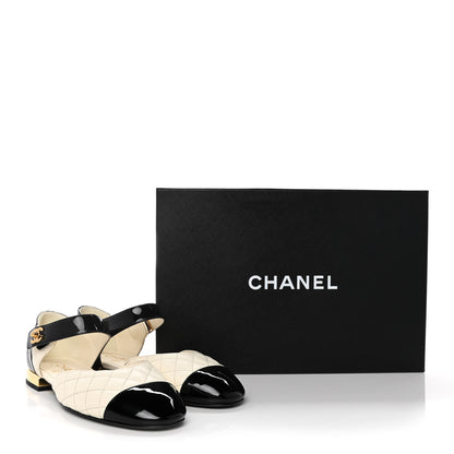 Chanel Patent Lambskin Quilted Cap Toe Ballerina Flats 36 Ivory Black 9 of 9