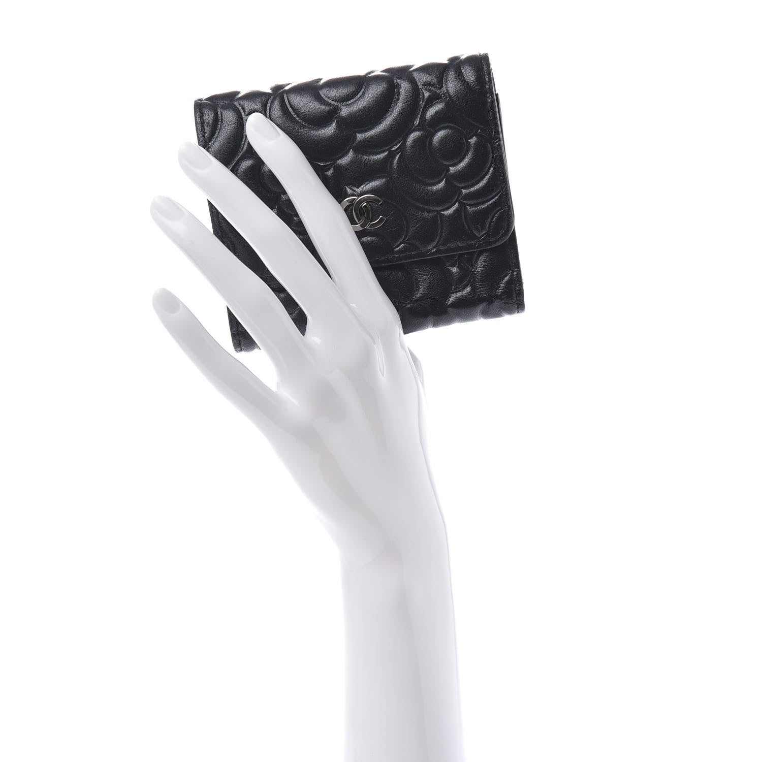 Chanel Goatskin Camellia Embossed Compact Wallet Black 2 of 10
