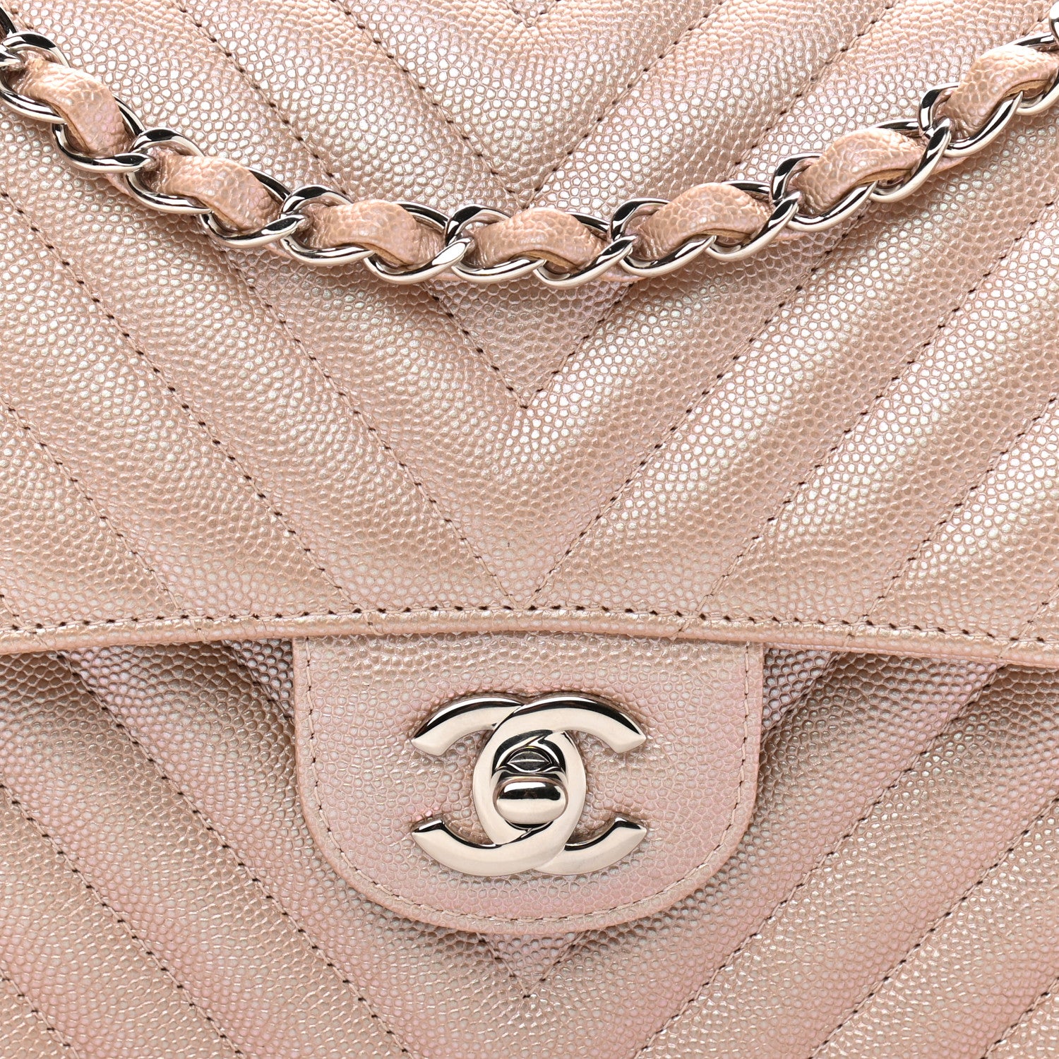 Chanel Metallic Caviar Chevron Quilted Medium Double Flap Light Gold 8 of 11