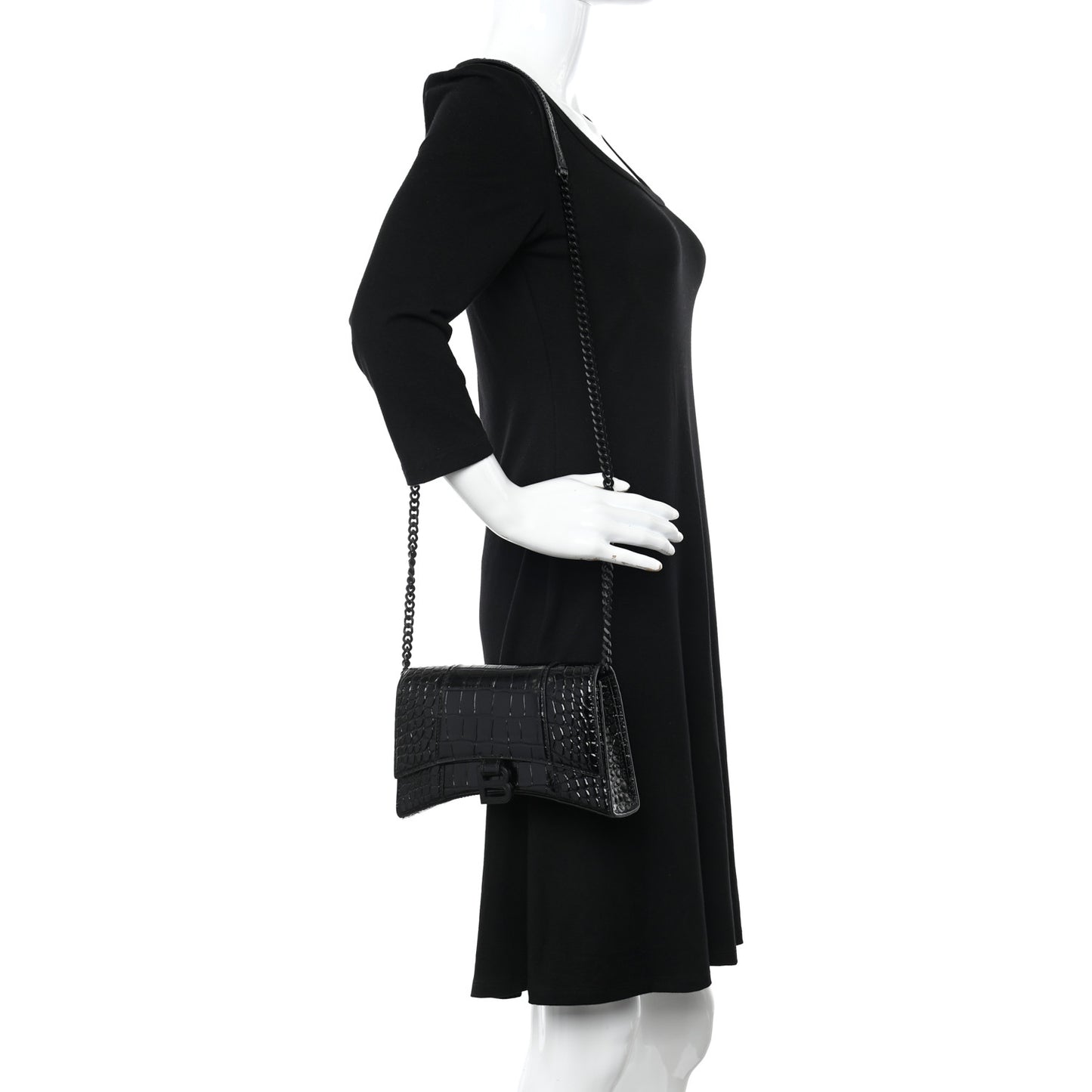 Shiny Calfskin Monochrome Crocodile Embossed Small Hourglass Evening Chain Bag Black