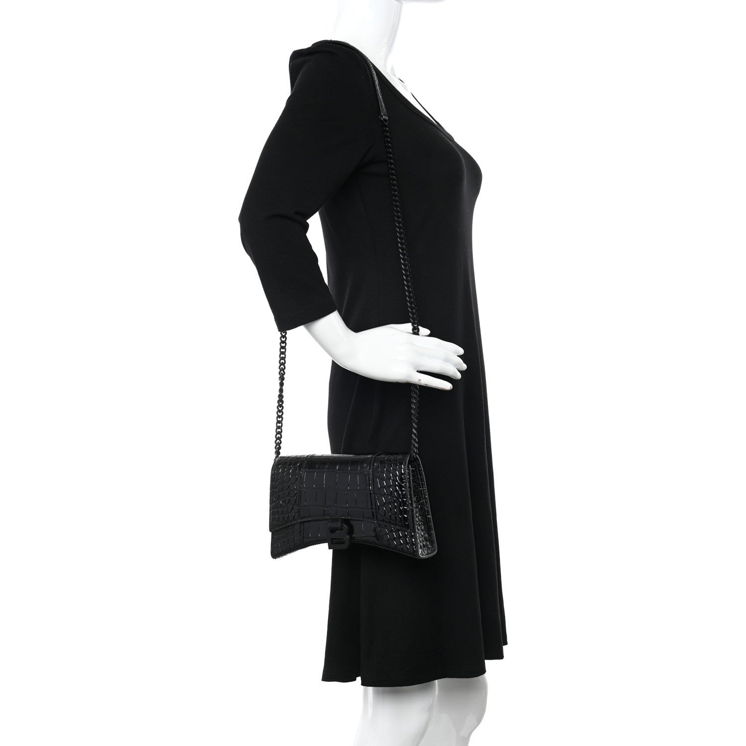 Balenciaga Shiny Calfskin Monochrome Crocodile Embossed Small Hourglass Evening Chain Bag Black 2 of 12