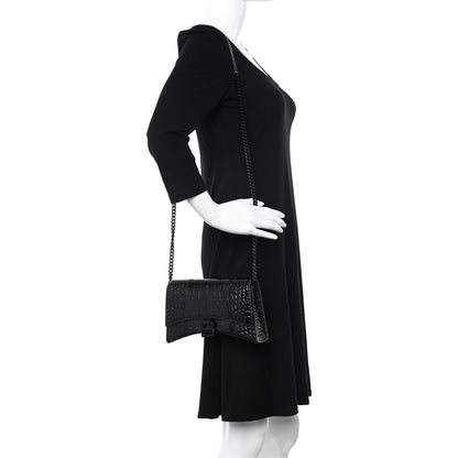 Balenciaga Shiny Calfskin Monochrome Crocodile Embossed Small Hourglass Evening Chain Bag Black 2 of 12