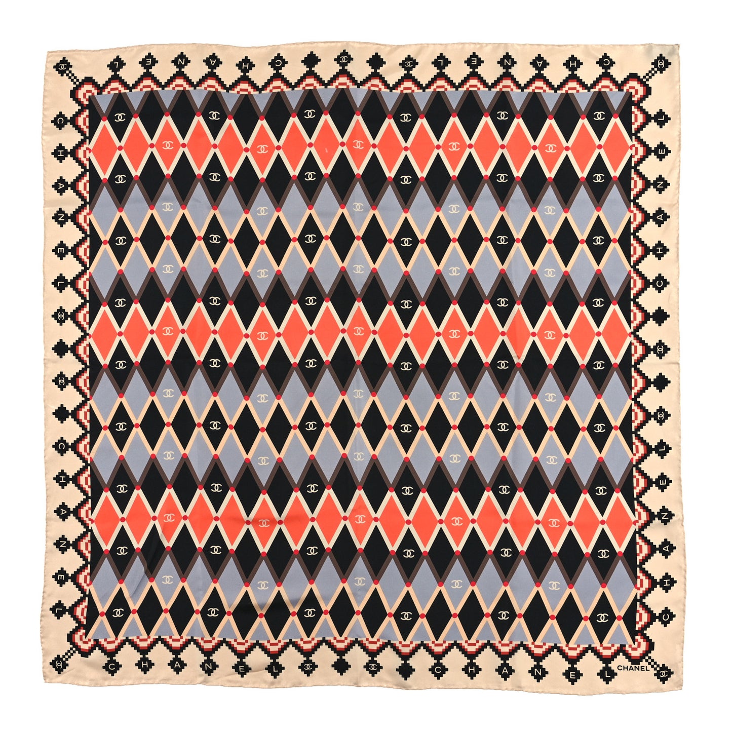 Silk Mosaic Square Scarf Black Orange Light Blue Beige