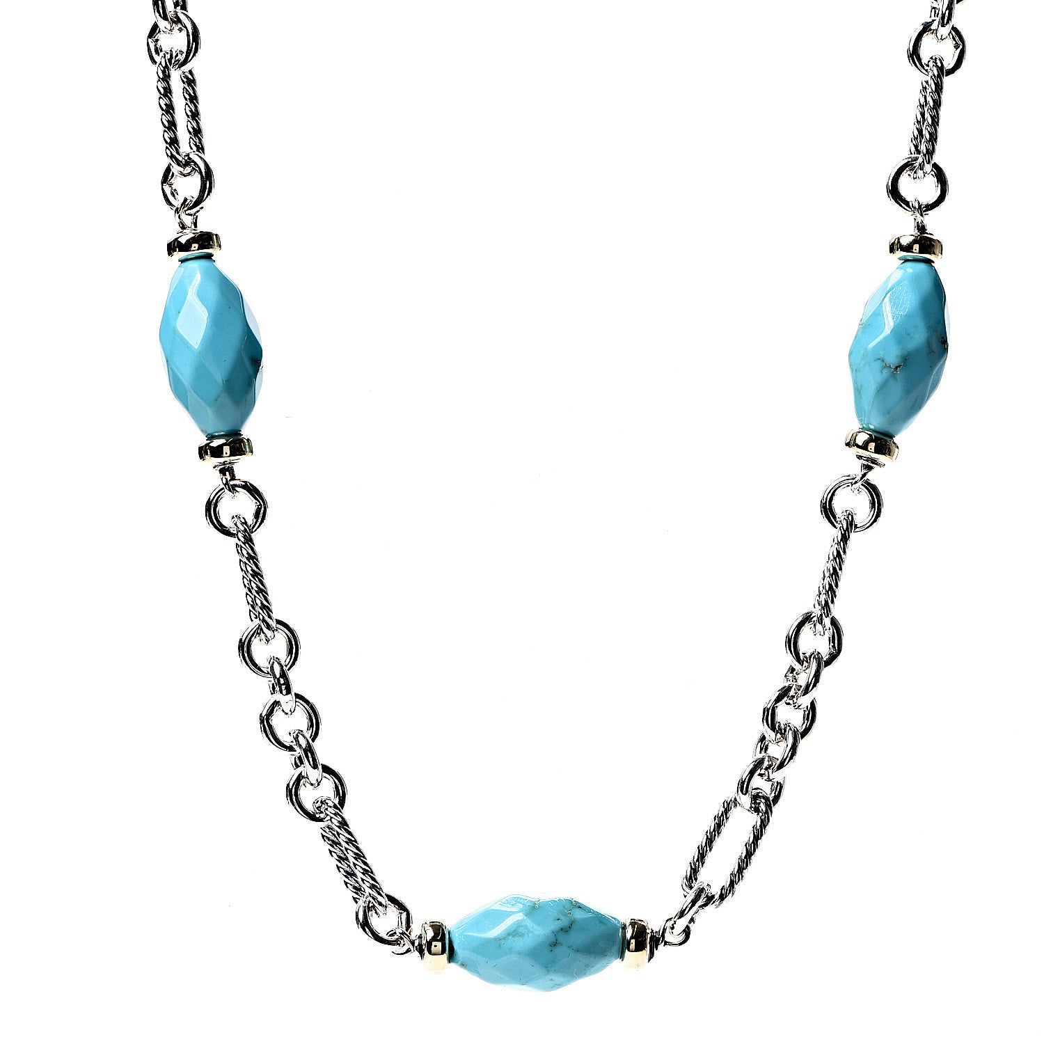 David Yurman Sterling Silver 18K Yellow Gold Turquoise Figaro Necklace 1 of 3