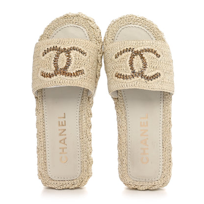 Chanel Raffia CC Espadrille Slip On Sandals 37 Beige 2 of 9