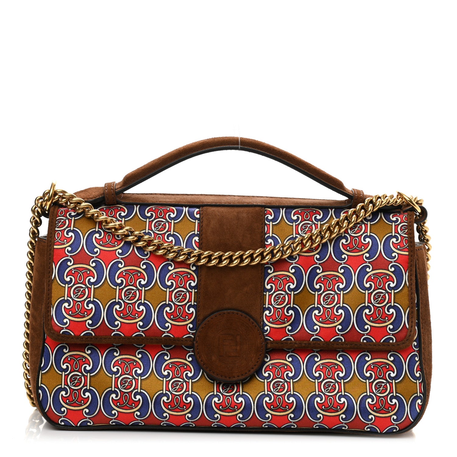 Fendi Suede Satin Double F Shoulder Bag Marrone Rosso Blue 1 of 10
