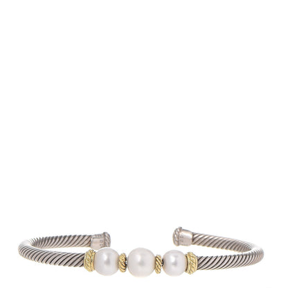 David Yurman Sterling Silver 18K Yellow Gold Graduated Pearl 5mm Cable Classics Cuff Bracelet 1 of 5