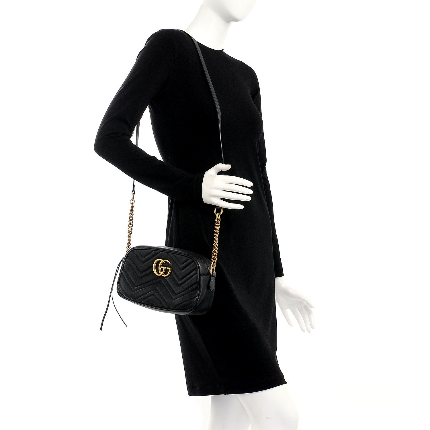 Gucci Calfskin Matelasse Small GG Marmont Chain Shoulder Bag Black 2 of 8