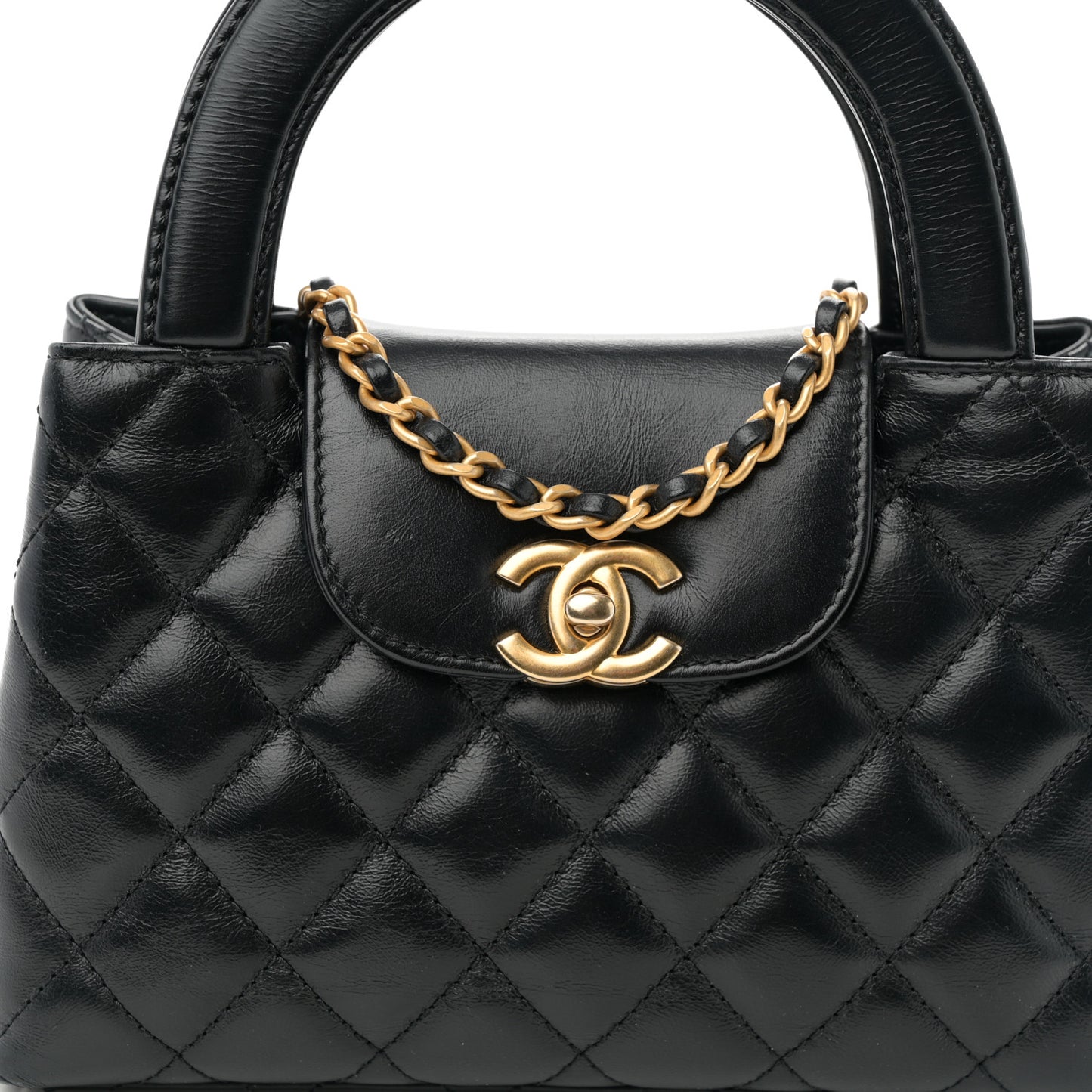 Shiny Aged Calfskin Quilted Nano Kelly Shopper Black Pink