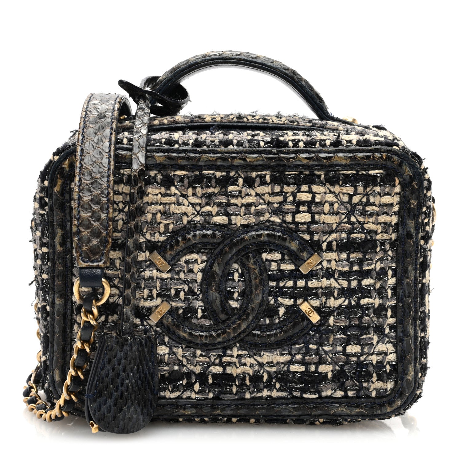 Chanel Tweed Snakeskin Quilted Small CC Filigree Vanity Case Navy Multicolor 1 of 10