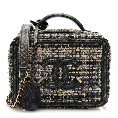 Chanel Tweed Snakeskin Quilted Small CC Filigree Vanity Case Navy Multicolor 1 of 10