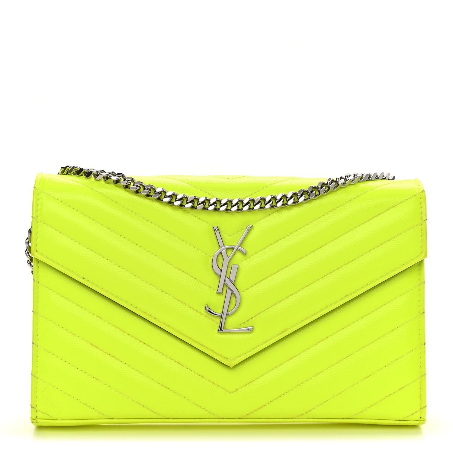 Saint Laurent Patent Grain De Poudre Matelasse Chevron Monogram Chain Wallet Neon Yellow 1 of 10