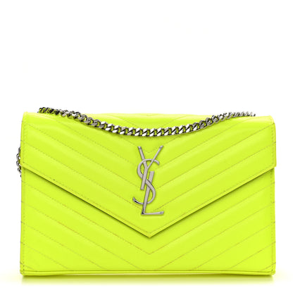 Saint Laurent Patent Grain De Poudre Matelasse Chevron Monogram Chain Wallet Neon Yellow 1 of 10