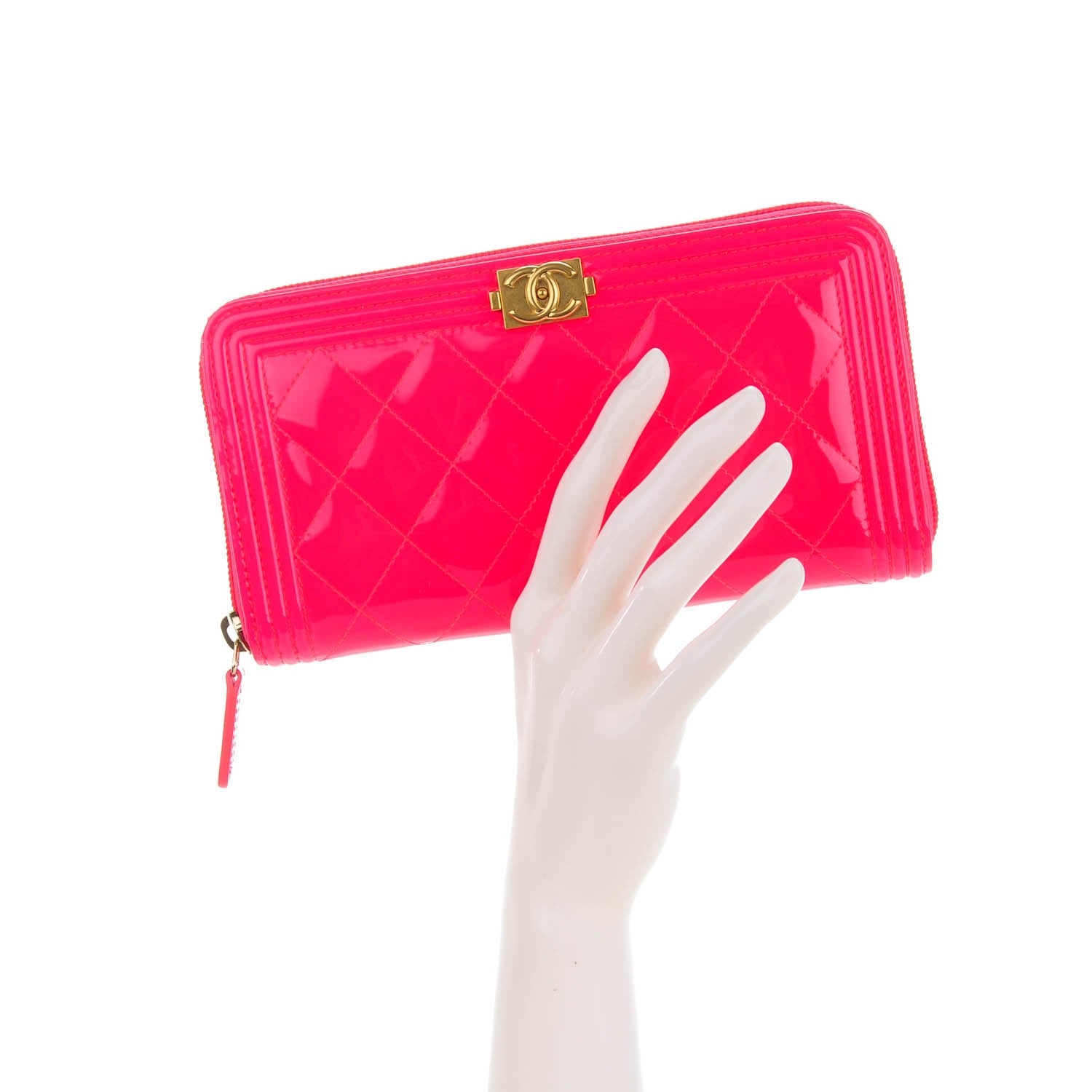 Chanel Patent Quilted Boy Zip Around Wallet Pink 2 of 8