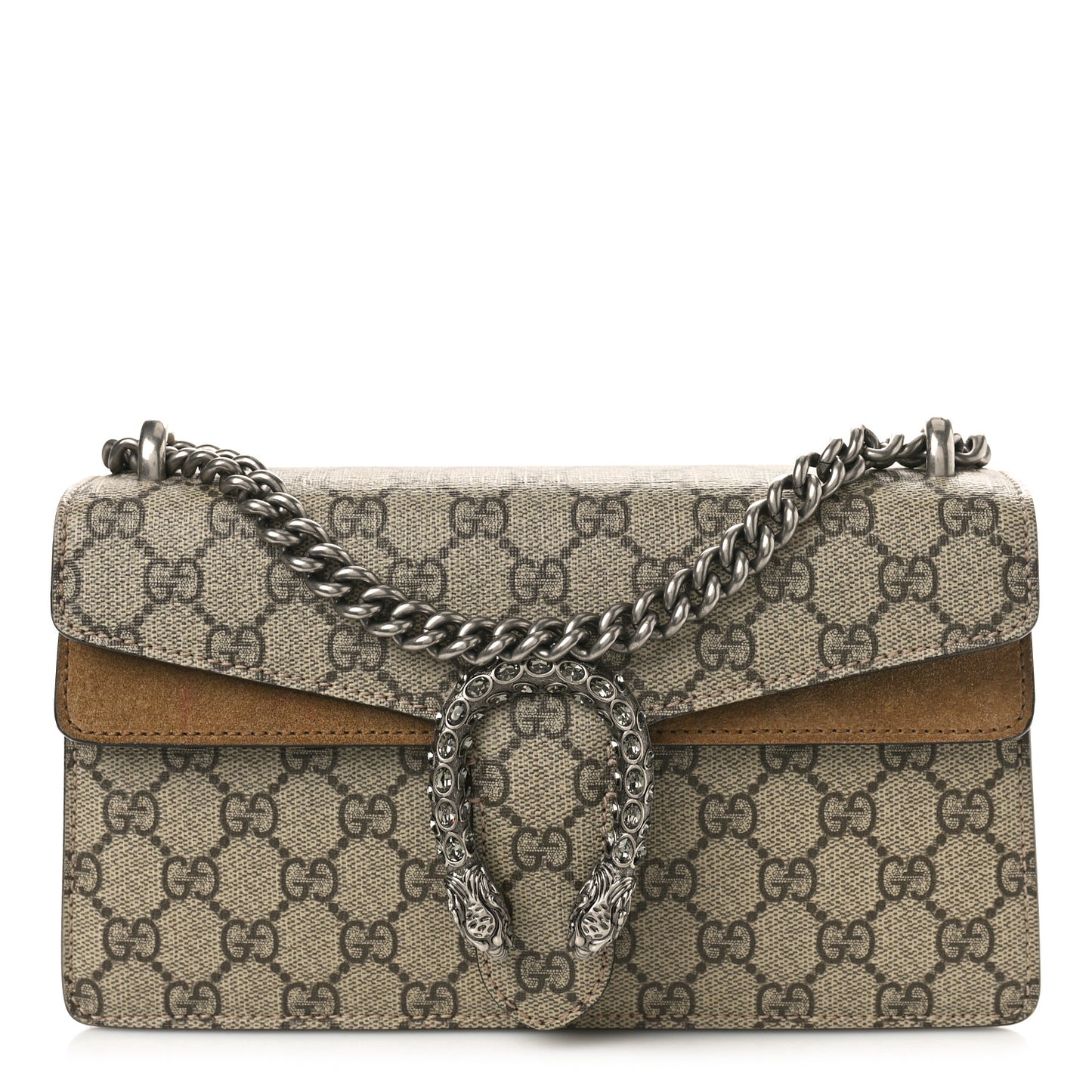 GG Supreme Monogram Suede Crystal Small Dionysus Shoulder Bag Beige Ebony Taupe