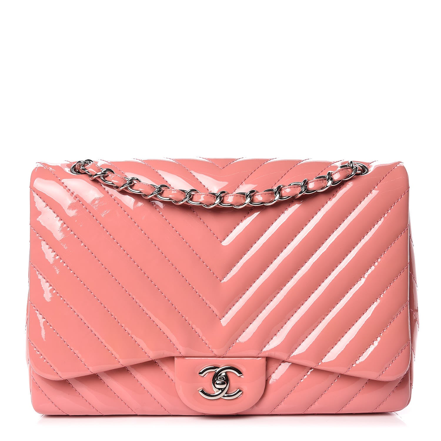 Chanel Patent Chevron Quilted Jumbo Single Flap Pink 1 of 11