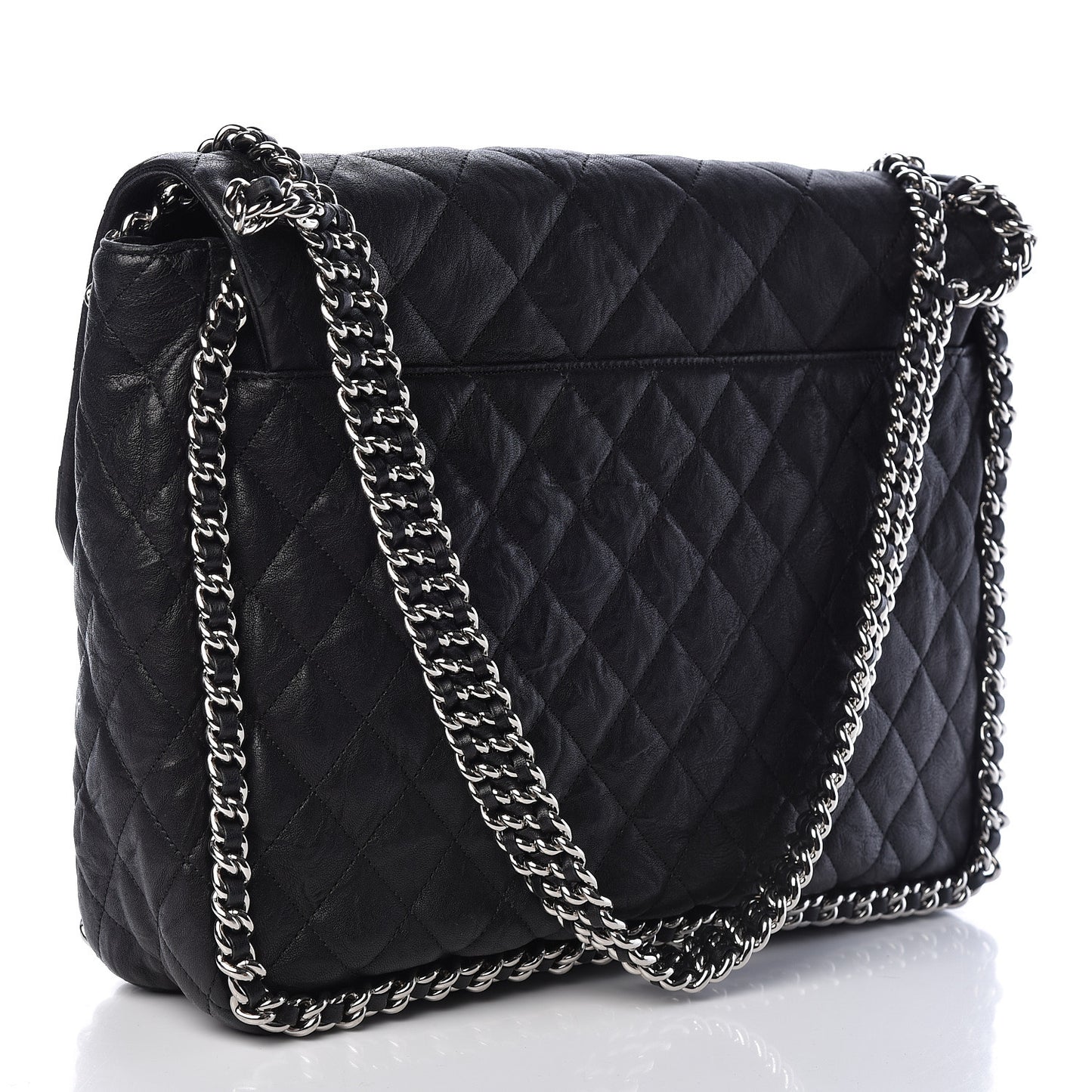 Washed Lambskin Quilted Maxi Chain Around Flap Black