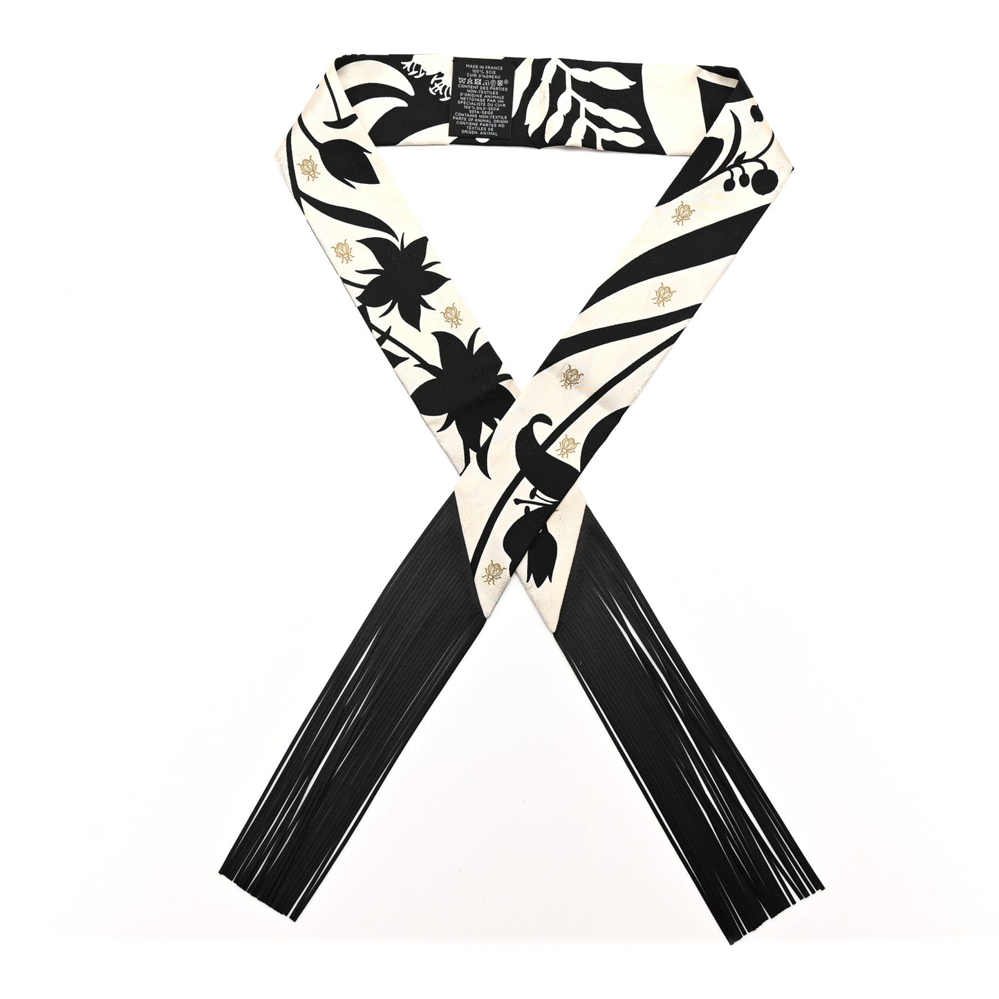 Silk Calfskin Bouquet Final Fringed Twilly Creme Black