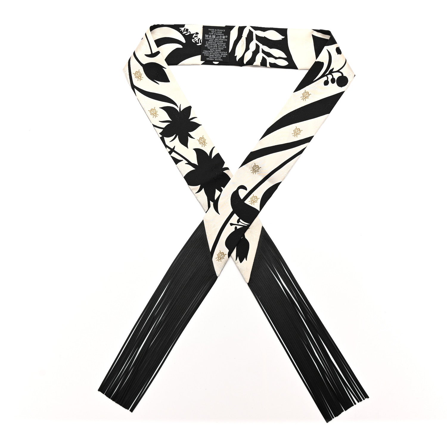 Hermes Silk Calfskin Bouquet Final Fringed Twilly Creme Black 1 of 5
