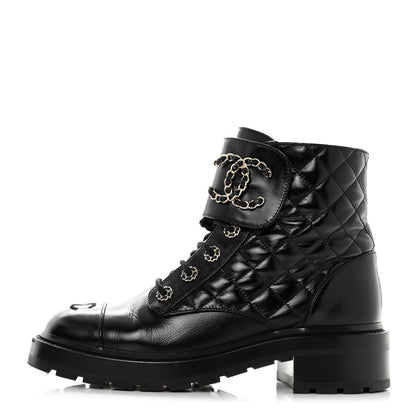 Chanel Shiny Calfskin Quilted Lace Up Combat Boots 39 Black 1 of 9