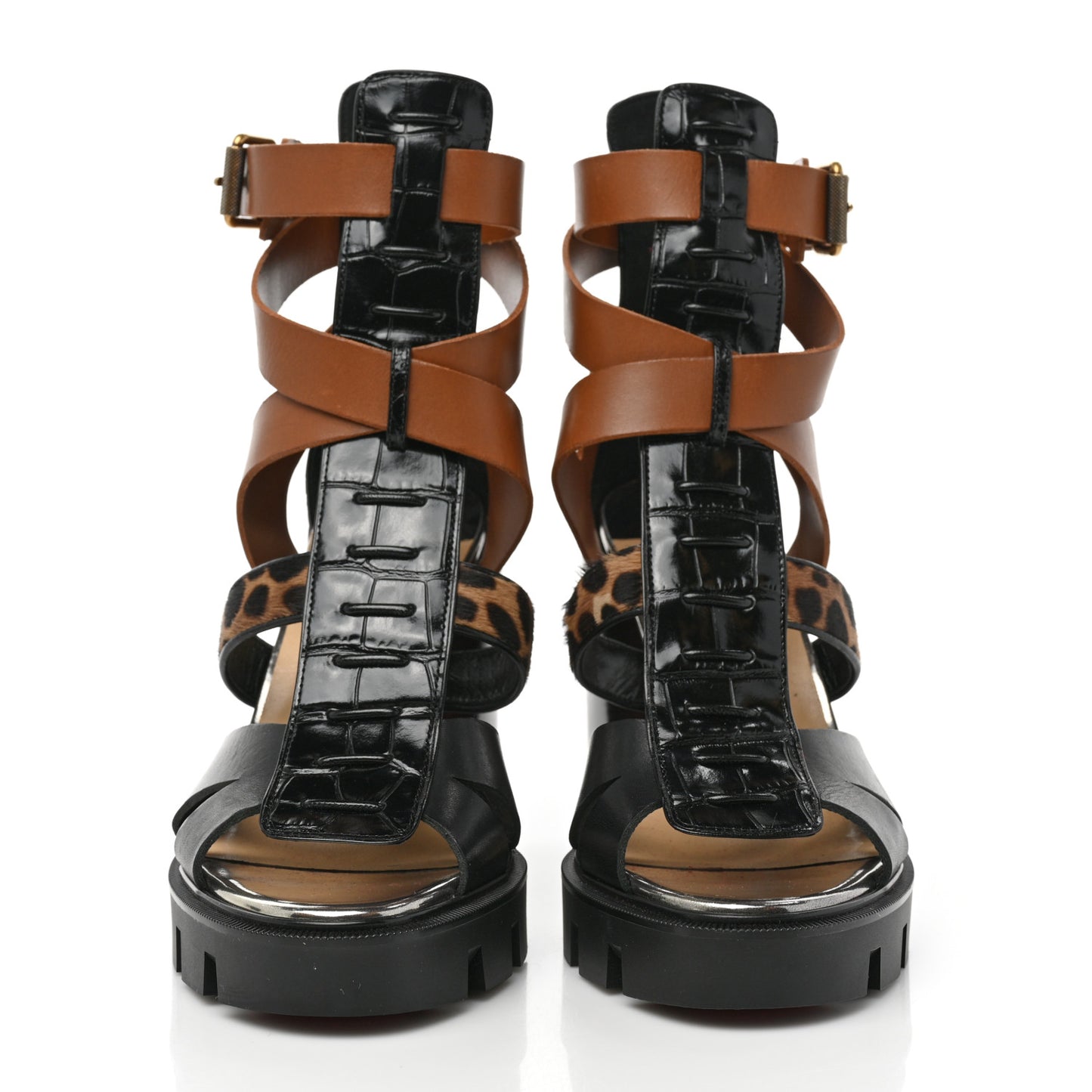 Calfskin Crocodile Embossed Pony Hair Platform Sandals 38 Black Multi